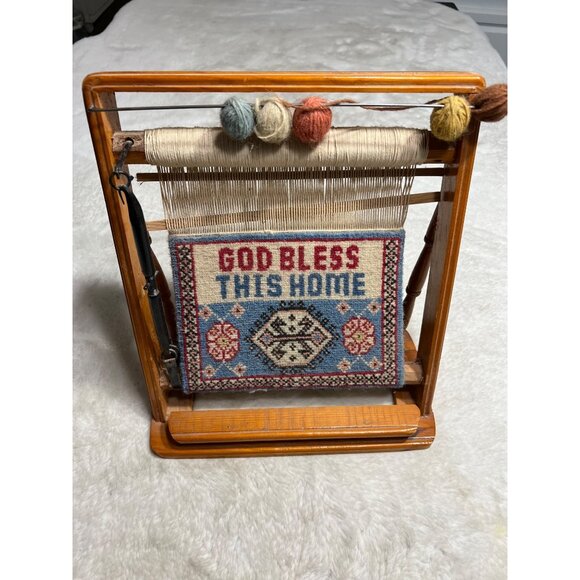 Miniature Wooden Loom With "God Bless This Home" Tapestry Decoration - Picture 1 of 5